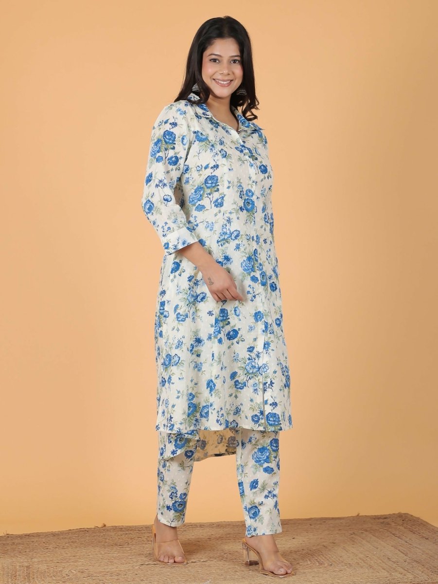 Aramya White Textured Cotton Floral Print High Low Kurta Set for Women | Grocsy