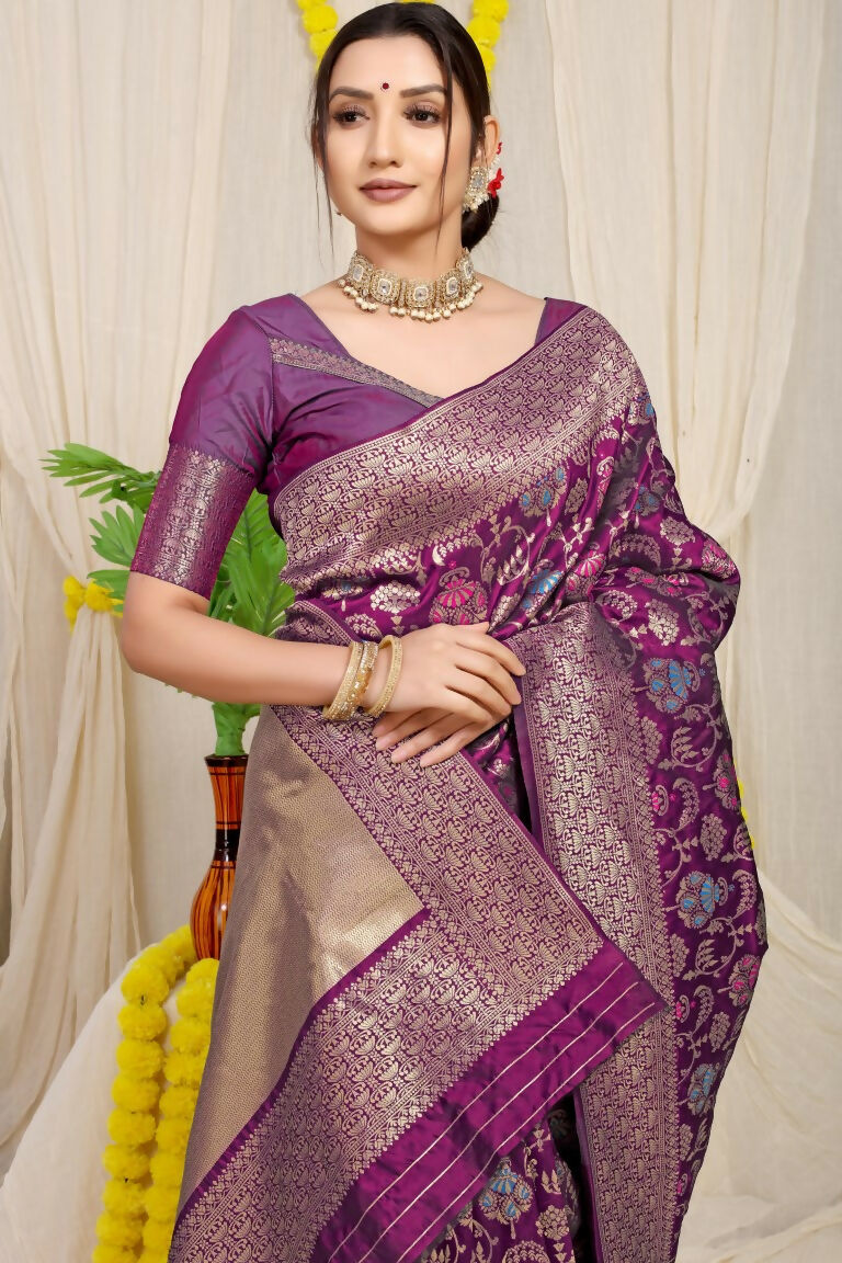 Jyoti Fashion Women's Wine Kanjivaram Silk Zari Woven Saree with Blouse | Grocsy