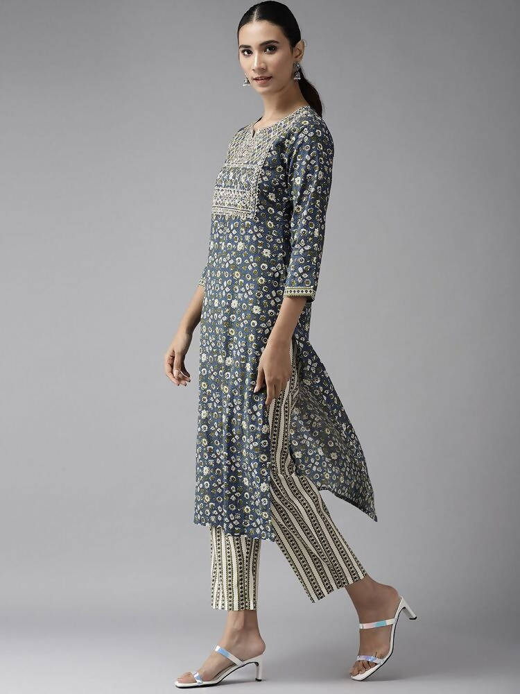 Yufta Blue & Green Printed Embroidered Kurta with Trouser and Dupatta Set | Grocsy