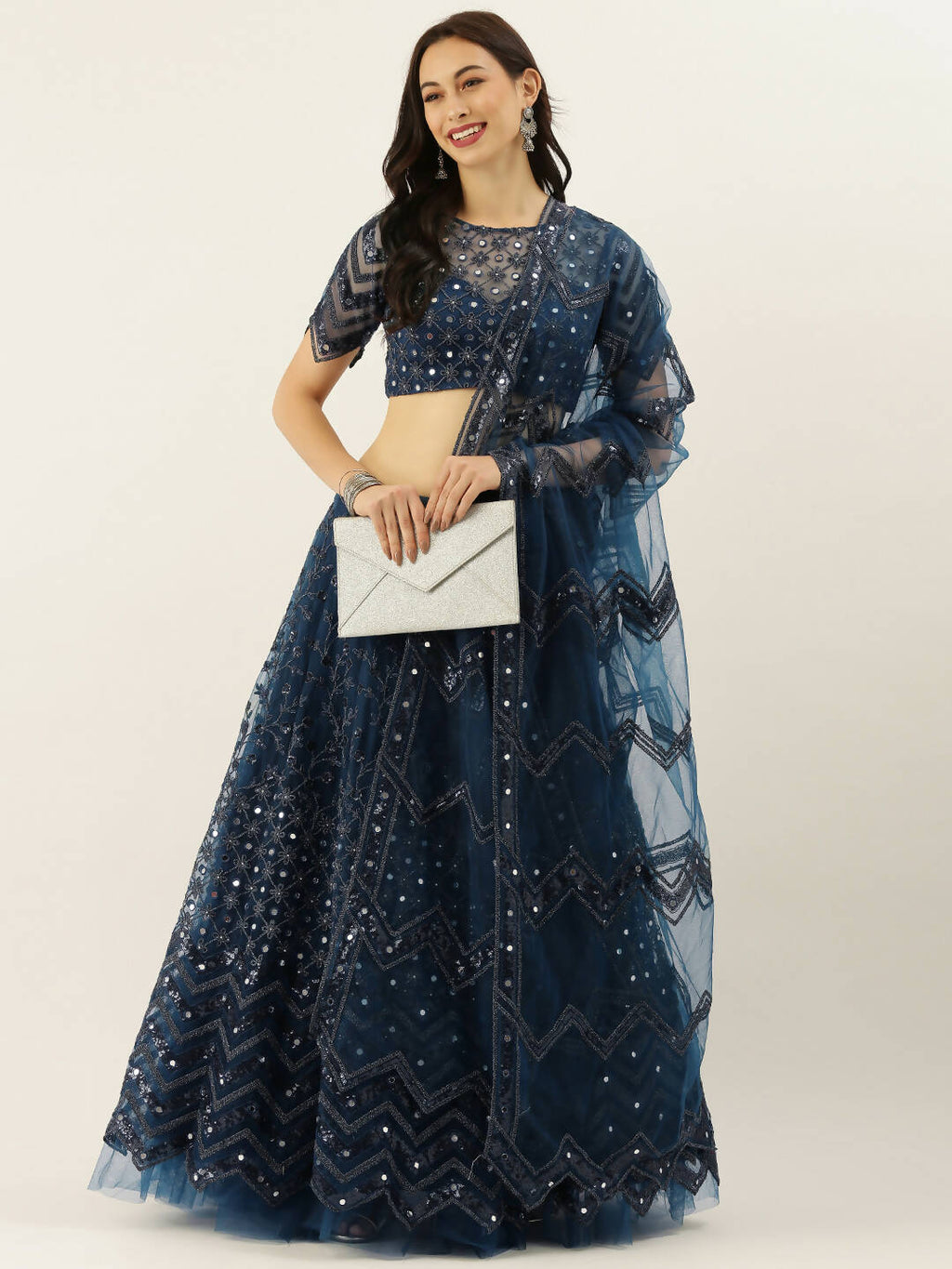 House of Panchhi Navy Blue Net Semi Stitched Coding, Sequins and Mirror work Lehenga Choli | Grocsy