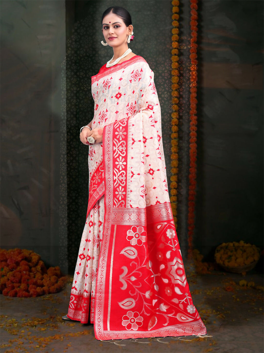 Shree Shyam Fashion Devistuti Red White Linen Cotton Saree | Grocsy