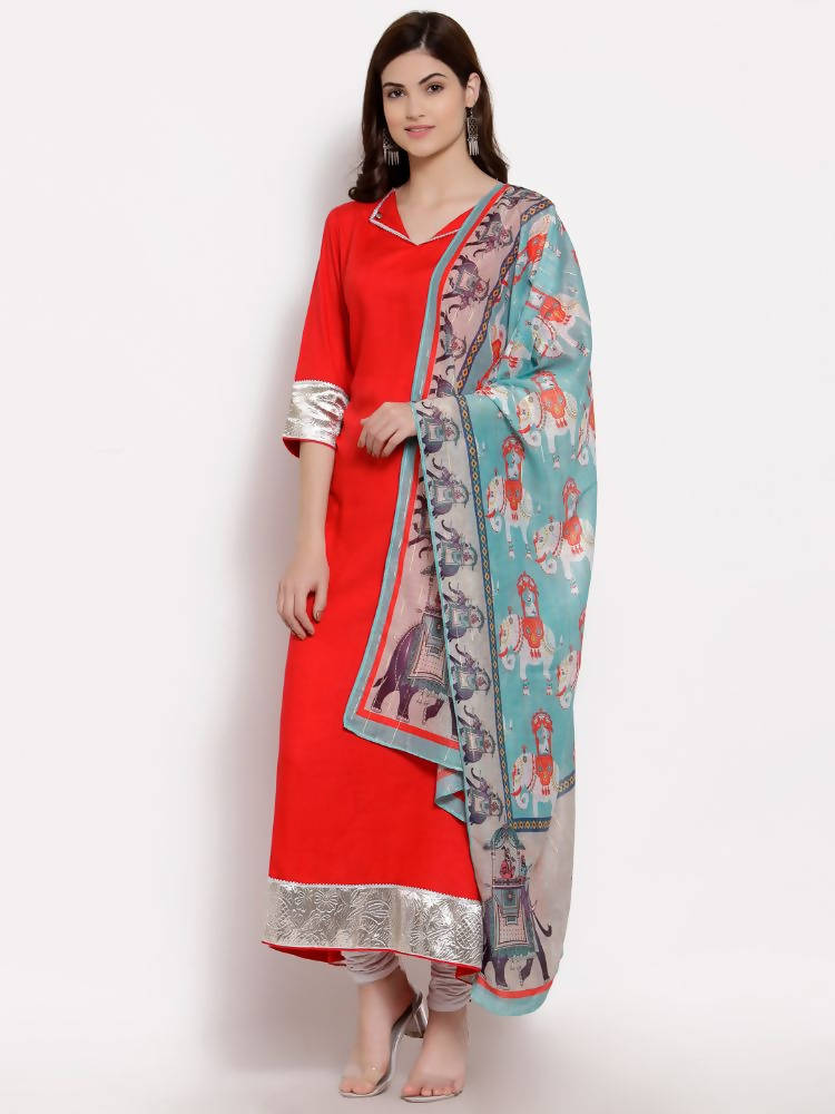 Myshka Women's Red Cotton 3/4 Sleeve V Neck Solid Casual Anarkali Kurta Dupatta Set | Grocsy