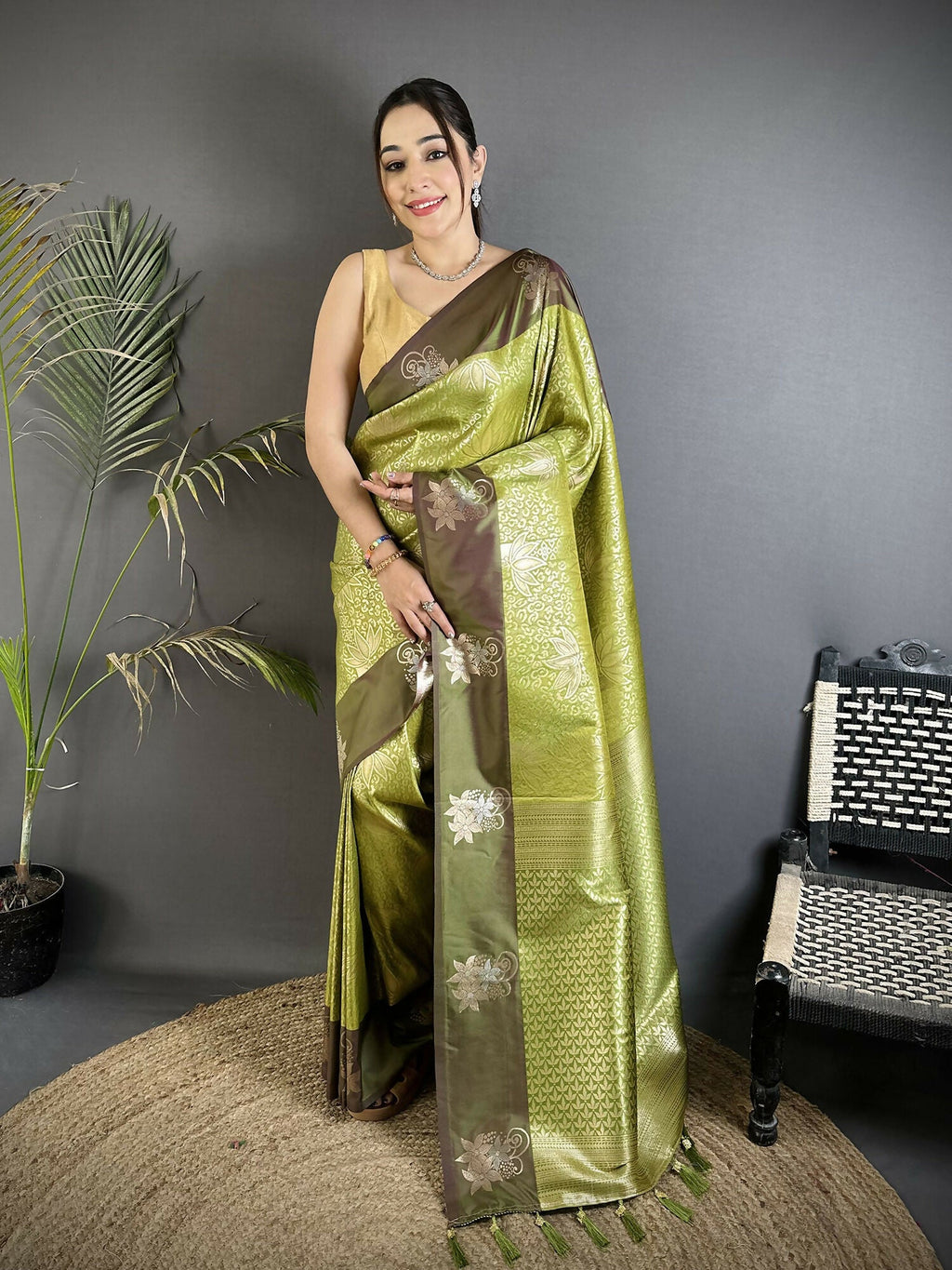 Joban Fashion Dusty Green Intricate Zari Weaving Soft Silk Dharmavaram Saree | Grocsy