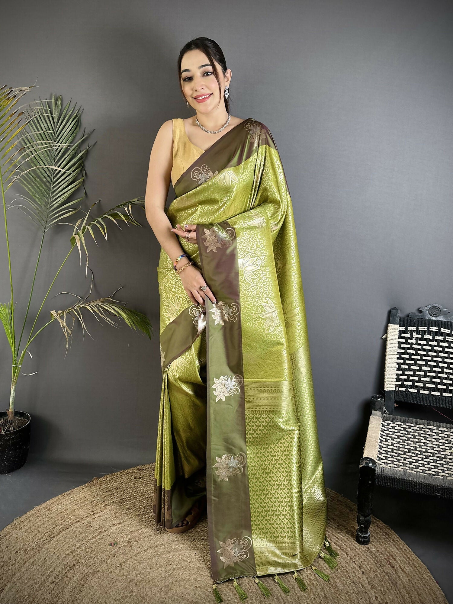 Joban Fashion Dusty Green Intricate Zari Weaving Soft Silk Dharmavaram Saree | Grocsy