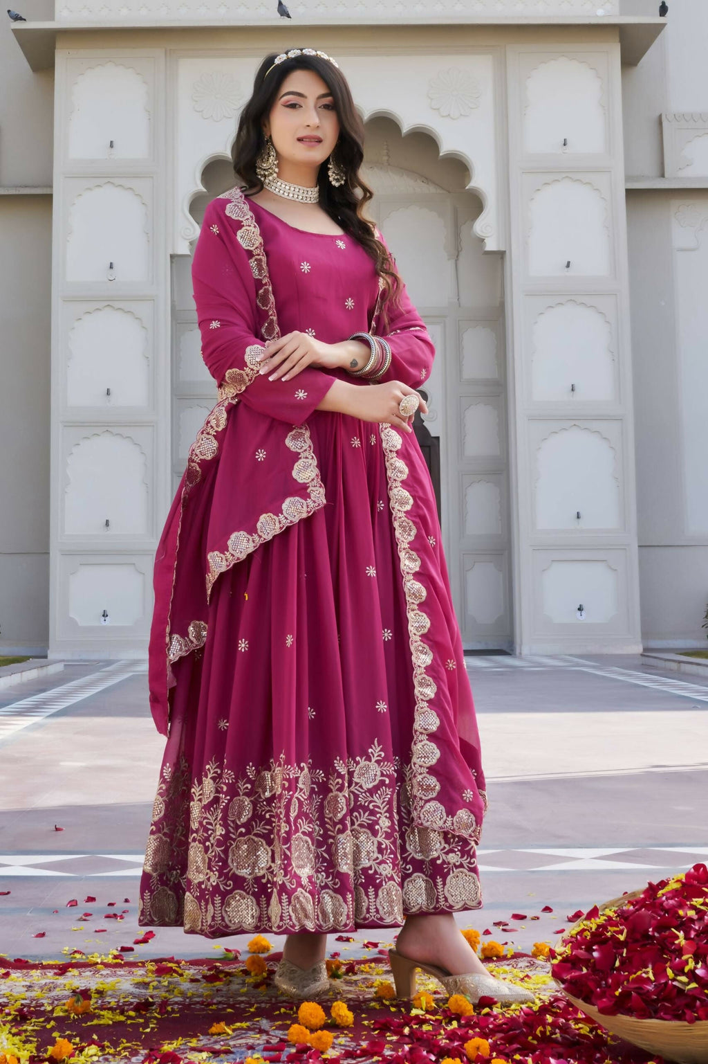 Teeya Creation Womens Wedding Wear Heavy Sequence Embroidery Work Pink Gown Set | Grocsy
