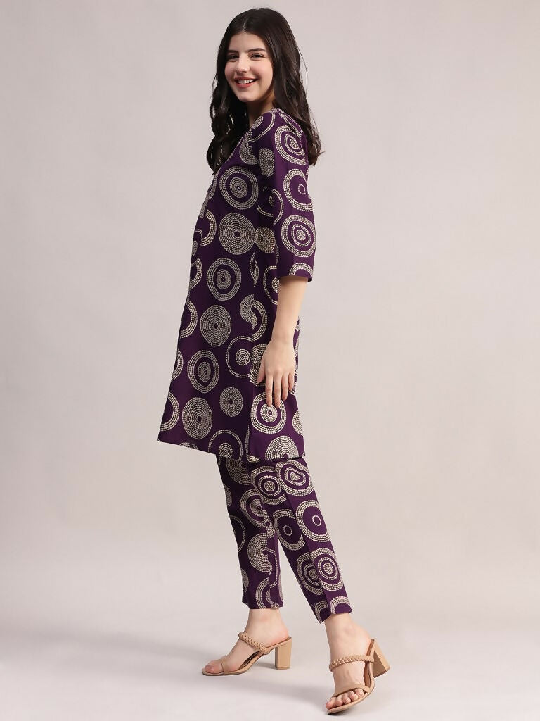 Aavyora Women's Purple Abstract Printed Pure Cotton Co-ord Set | Grocsy