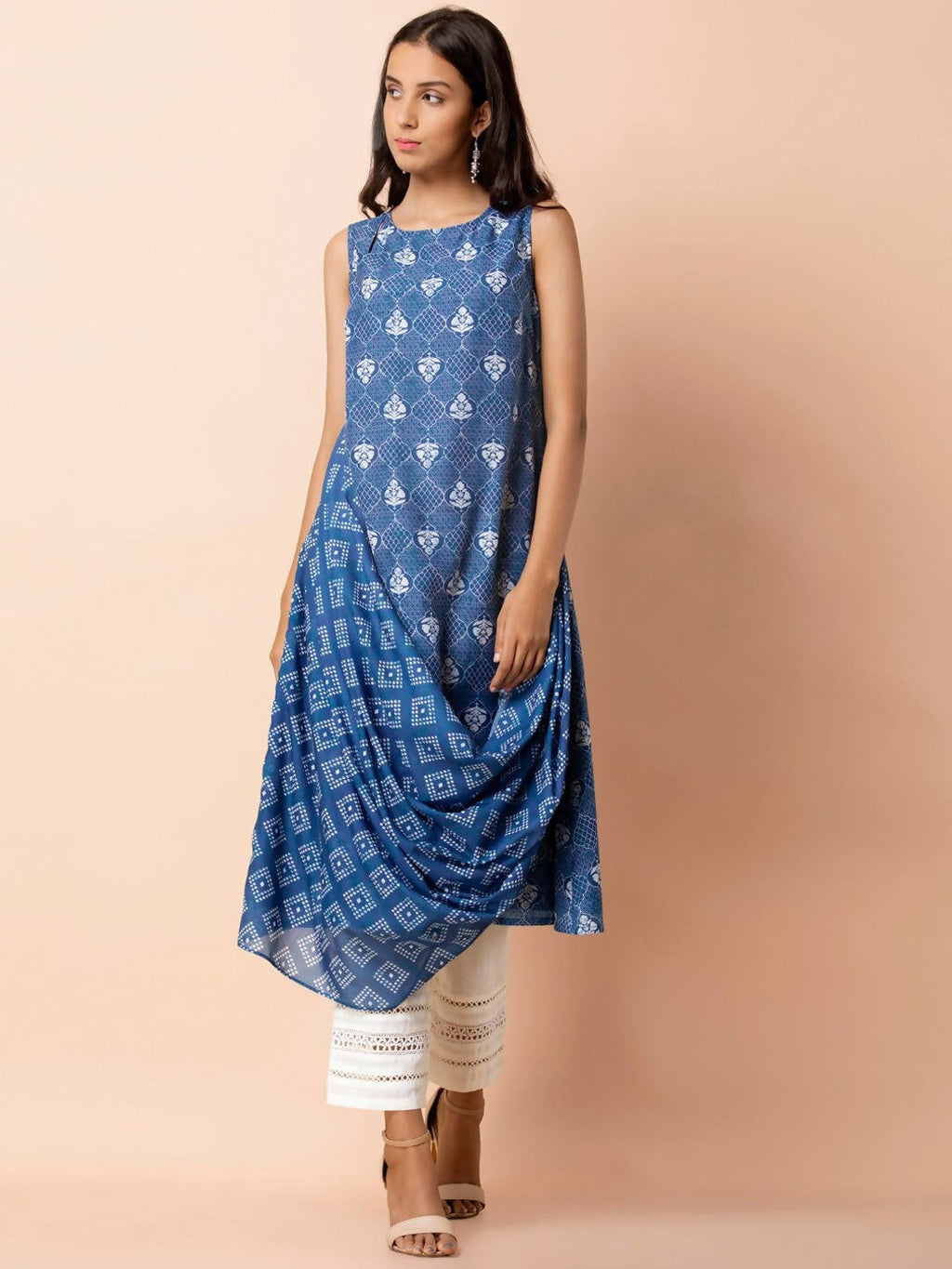 Indya Blue & White Printed A-Line Kurta | Grocsy