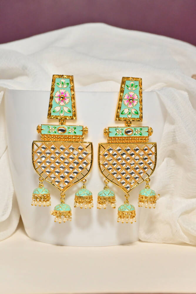 Traditional Gold-Polished Meenakari Green Jhumka Jhumki Earrings By House of Ree - House of Ree