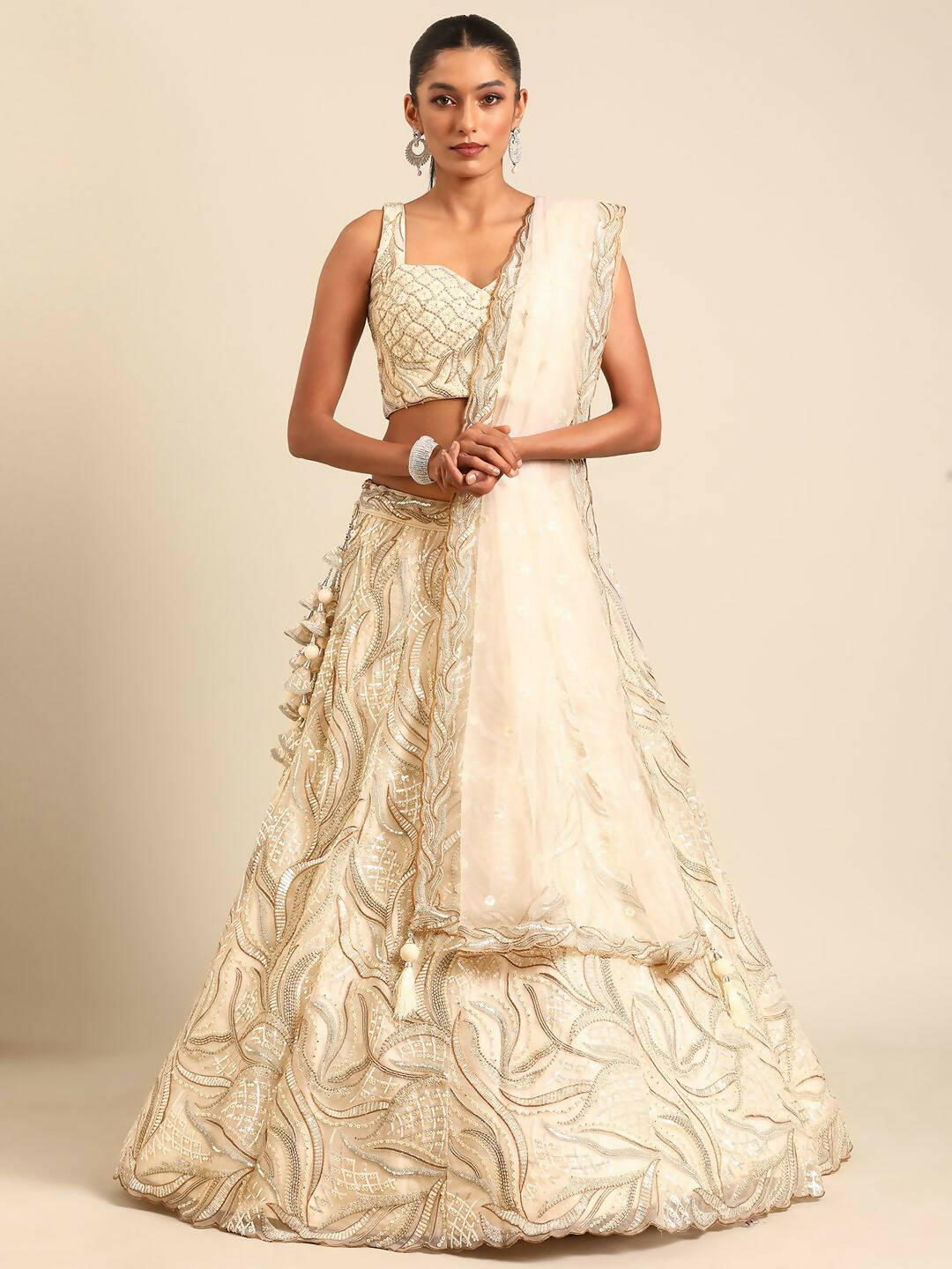 House of Panchhi Cream Net Sequins and Zarkan embroidery Lehenga choli & Dupatta | Grocsy