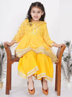 Little Bansi Girls Cotton Gotta Patti Kurta frock with Sharara & Dupatta - Yellow | Grocsy