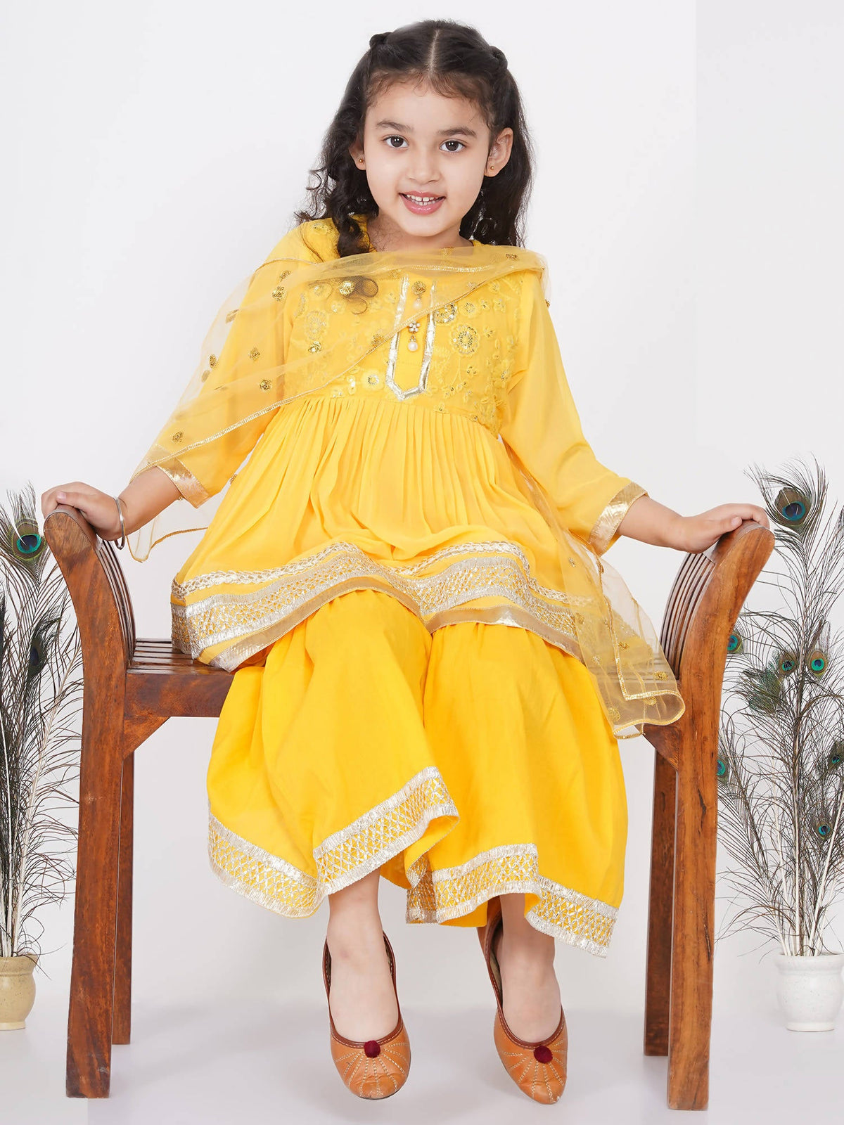 Little Bansi Girls Cotton Gotta Patti Kurta frock with Sharara & Dupatta - Yellow | Grocsy