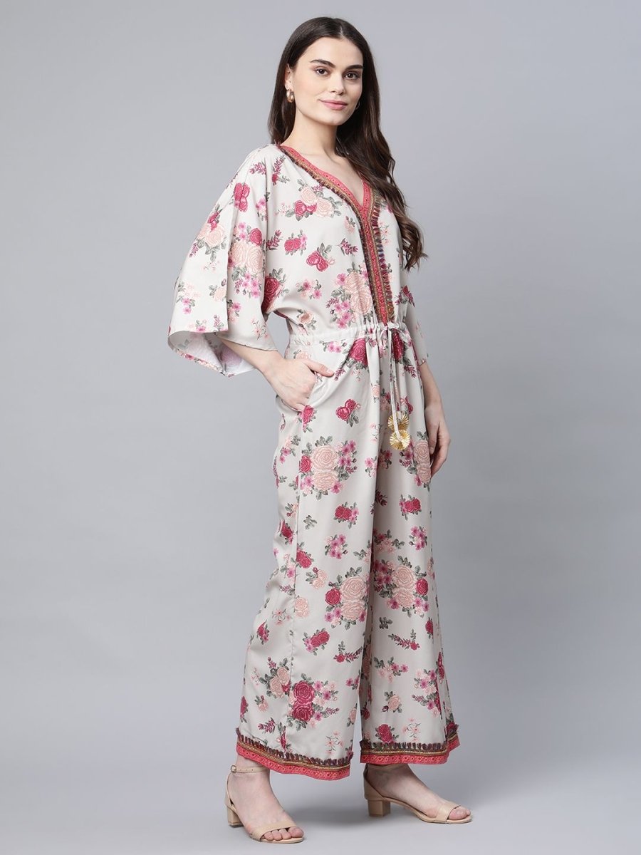 Ahalyaa Womens Beige Crepe Digital Floral Print Jumpsuit | Grocsy