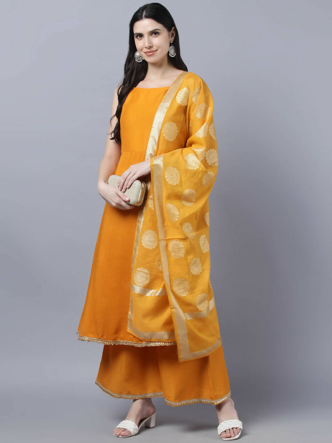 Myshka Women Yellow Panelled Kurta with Palazzos With Dupatta | Grocsy
