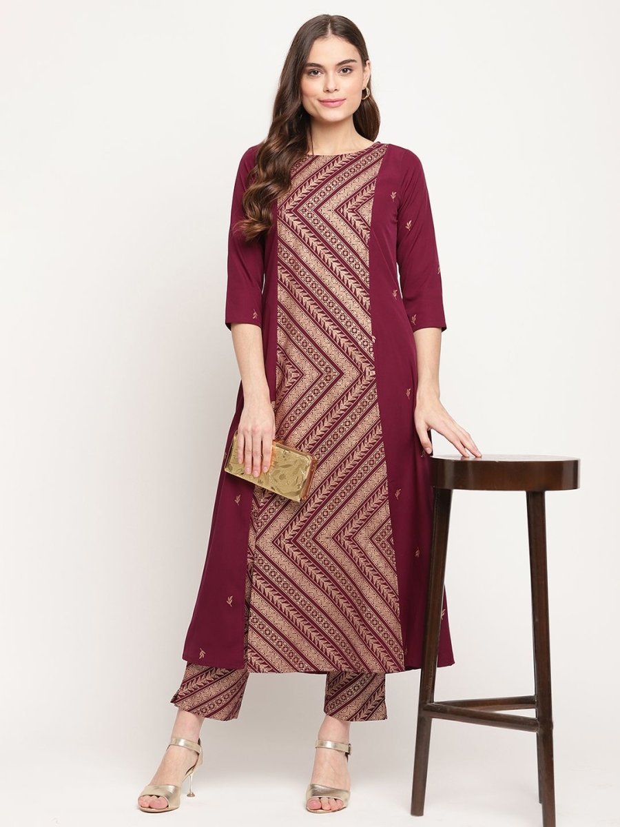 Ahalyaa Women's Wine Crepe Gold Glitter Print Kurta Trouser Set | Grocsy