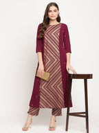 Ahalyaa Women's Wine Crepe Gold Glitter Print Kurta Trouser Set | Grocsy