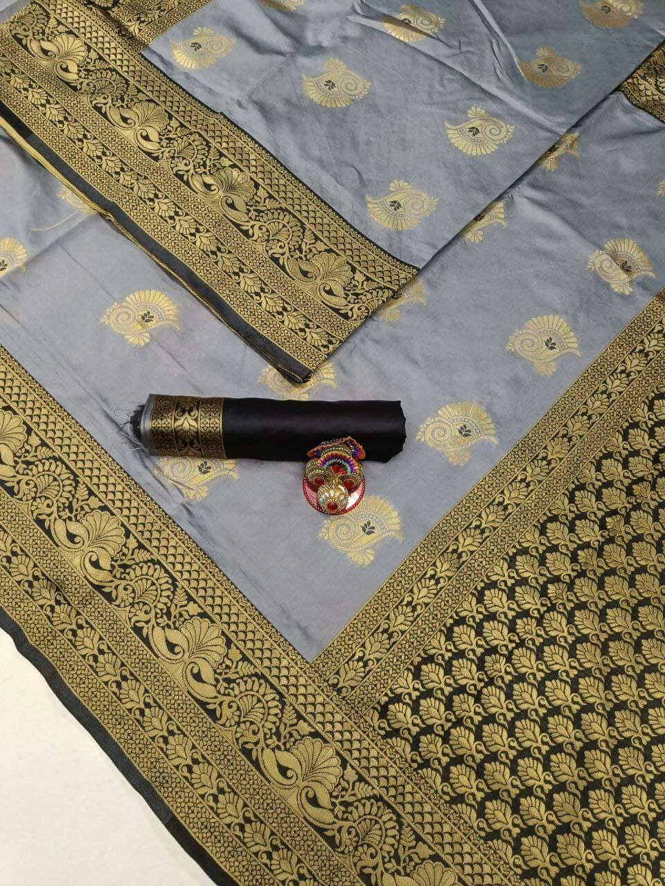 DEIANA'S Beautiful Designer Golden zari Soft Lichi Silk Saree - Grey | Grocsy