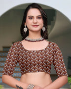 Prime Volt Women's Brown Printed Mal Cotton Saree with Designer Blouse Piece | Grocsy