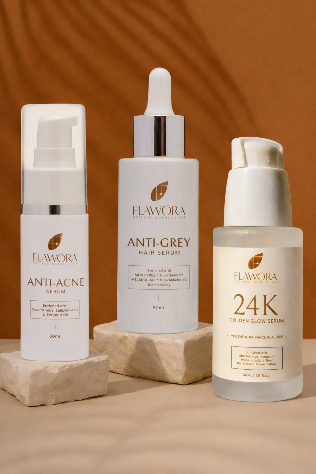 Flawora Set of Anti-Grey Hair Serum, Anti Acne Serum and Golden Glow Face Serum | Grocsy