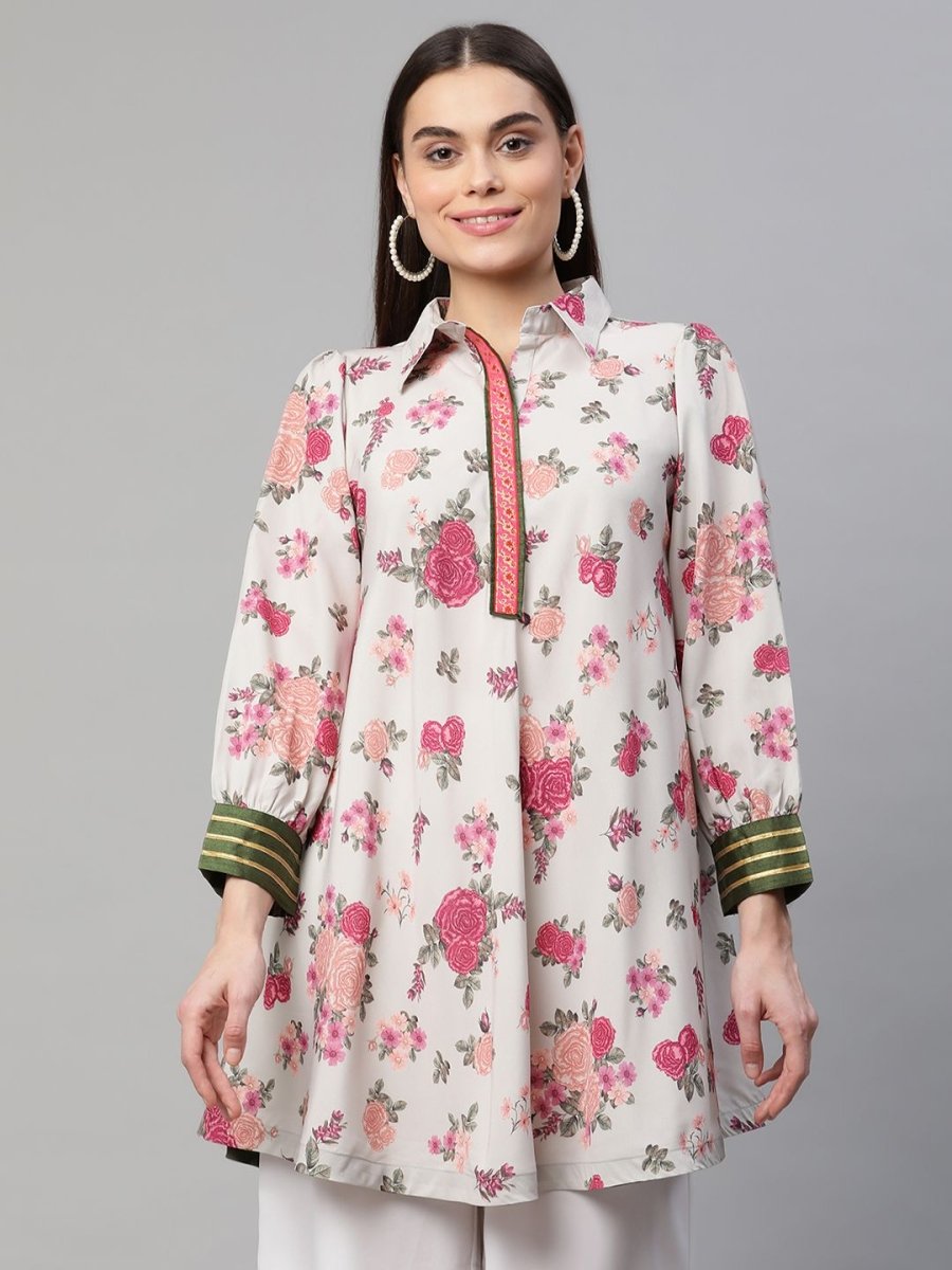 Ahalyaa Women Beige Crepe Digital Floral Print Tunic | Grocsy