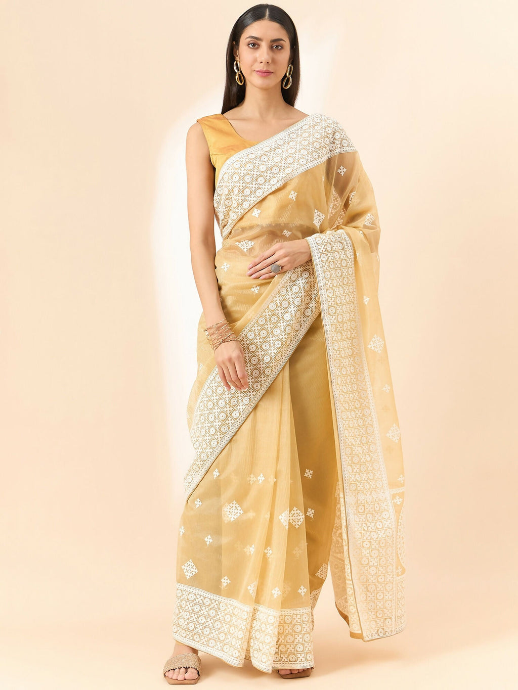 Beige Organza Geometric Embroidered Saree with Unstitched Blouse Piece - Roozal | Grocsy