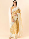 Beige Organza Geometric Embroidered Saree with Unstitched Blouse Piece - Roozal | Grocsy