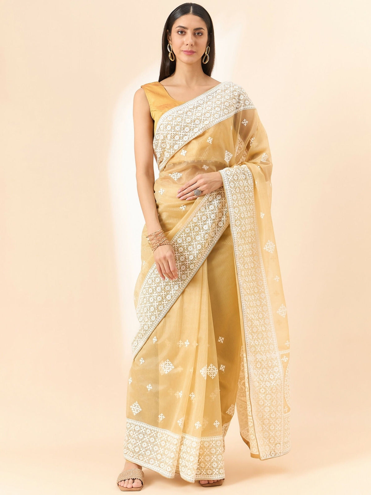 Beige Organza Geometric Embroidered Saree with Unstitched Blouse Piece - Roozal | Grocsy