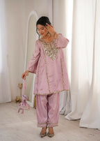 Teeya Creation Womens New Wedding Wear Pink Color With Mirror & Lace Work Kurta Pant Set | Grocsy