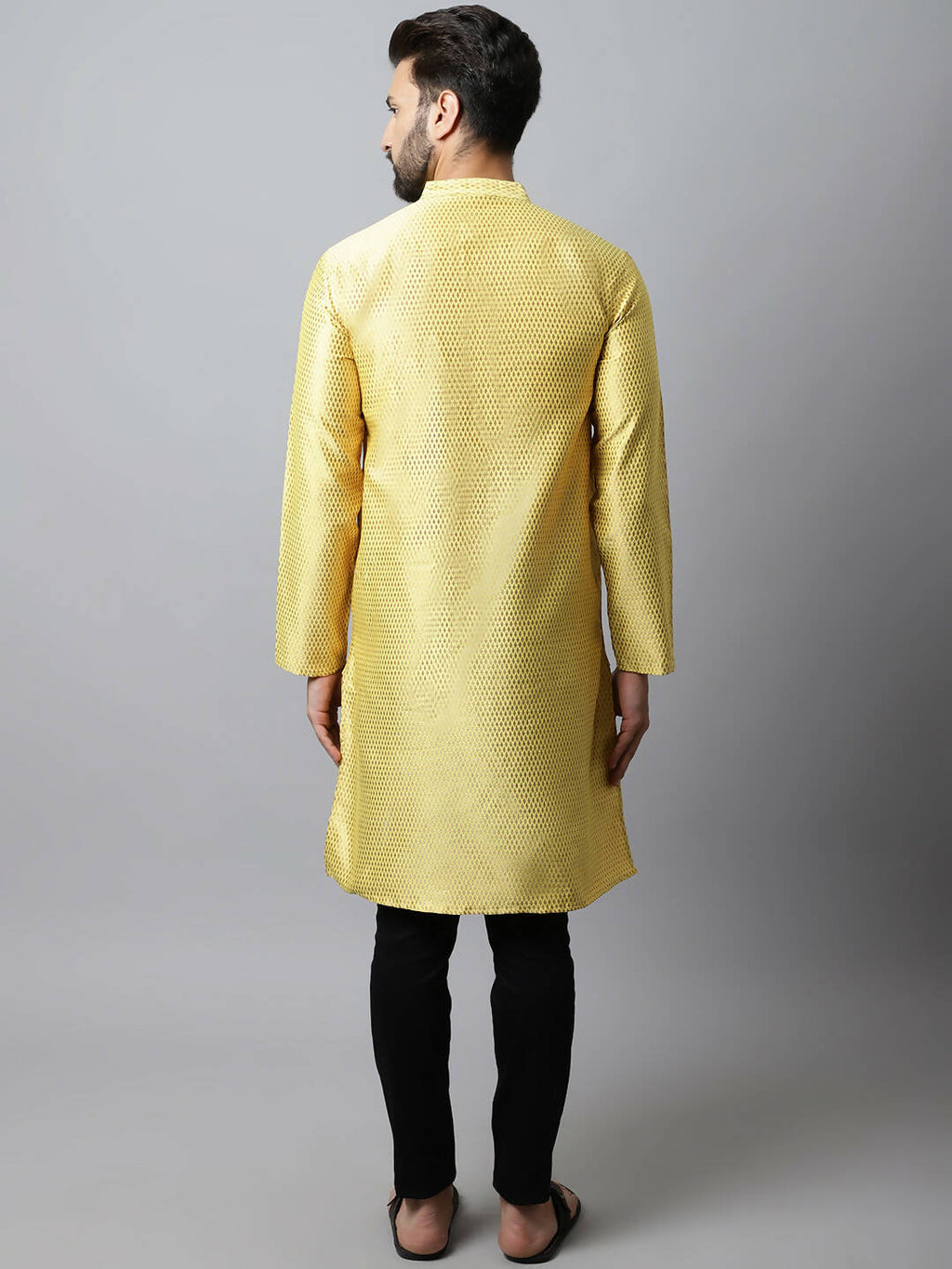 Even Apparels Yellow Color Art Silk Banarsi Silk Men's Kurta With Band Collar (BS017) | Grocsy