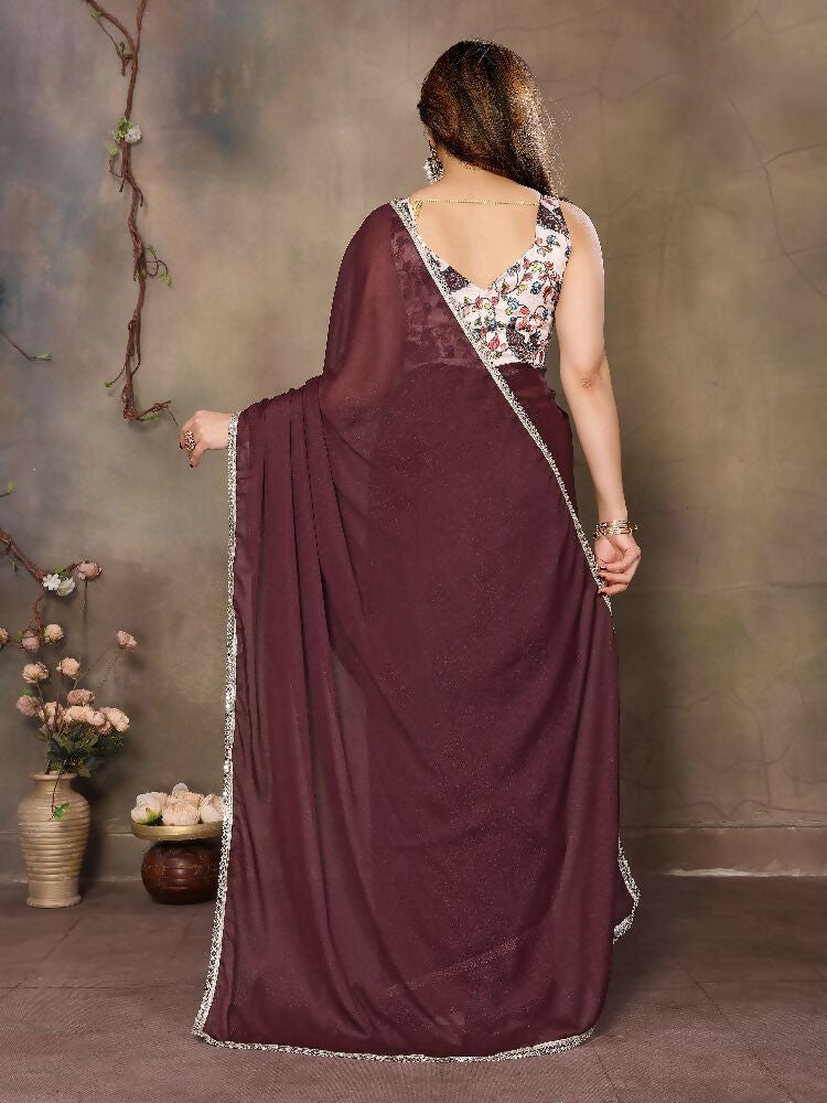 PR Fashion Brown Star Georgette Solid Georgette With Mirror Border Saree | Grocsy