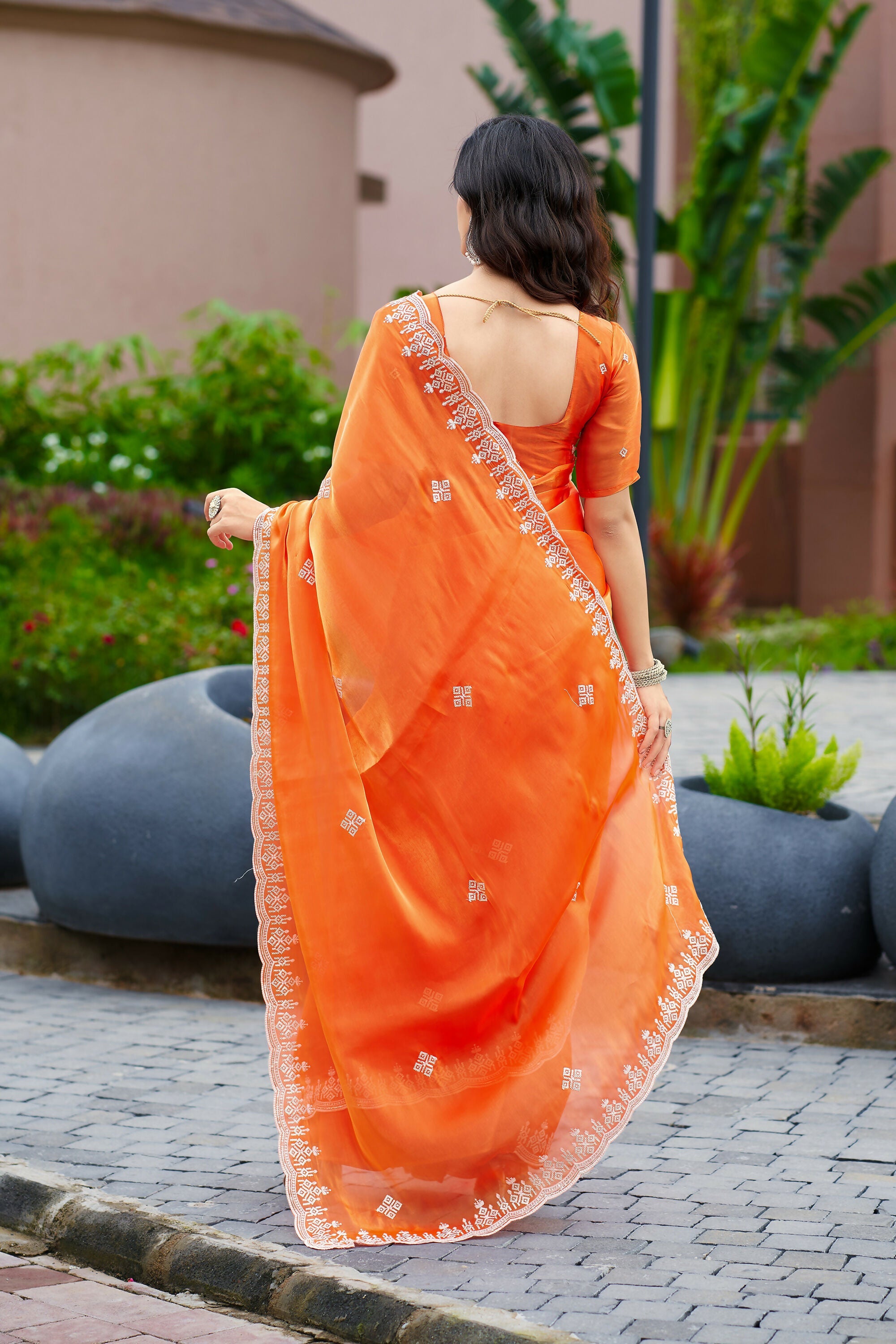 Vastranavya Orange Embroidery Work Shimmer Chiffon Saree with Unstitched Blouse | Grocsy