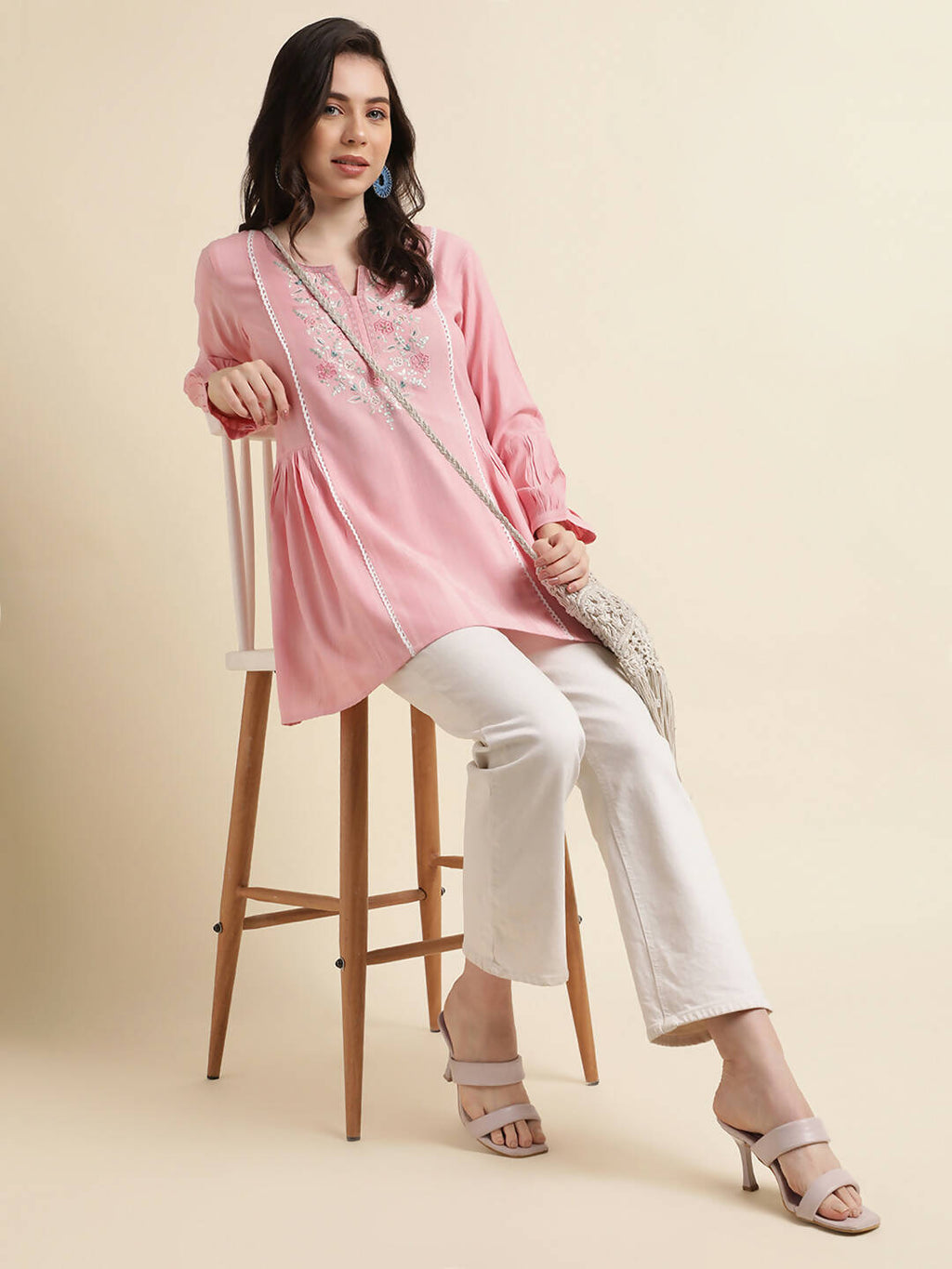 Pink Viscose Rayon Yoke Embroidered A-line Top - Tarini | Grocsy