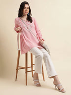Pink Viscose Rayon Yoke Embroidered A-line Top - Tarini | Grocsy