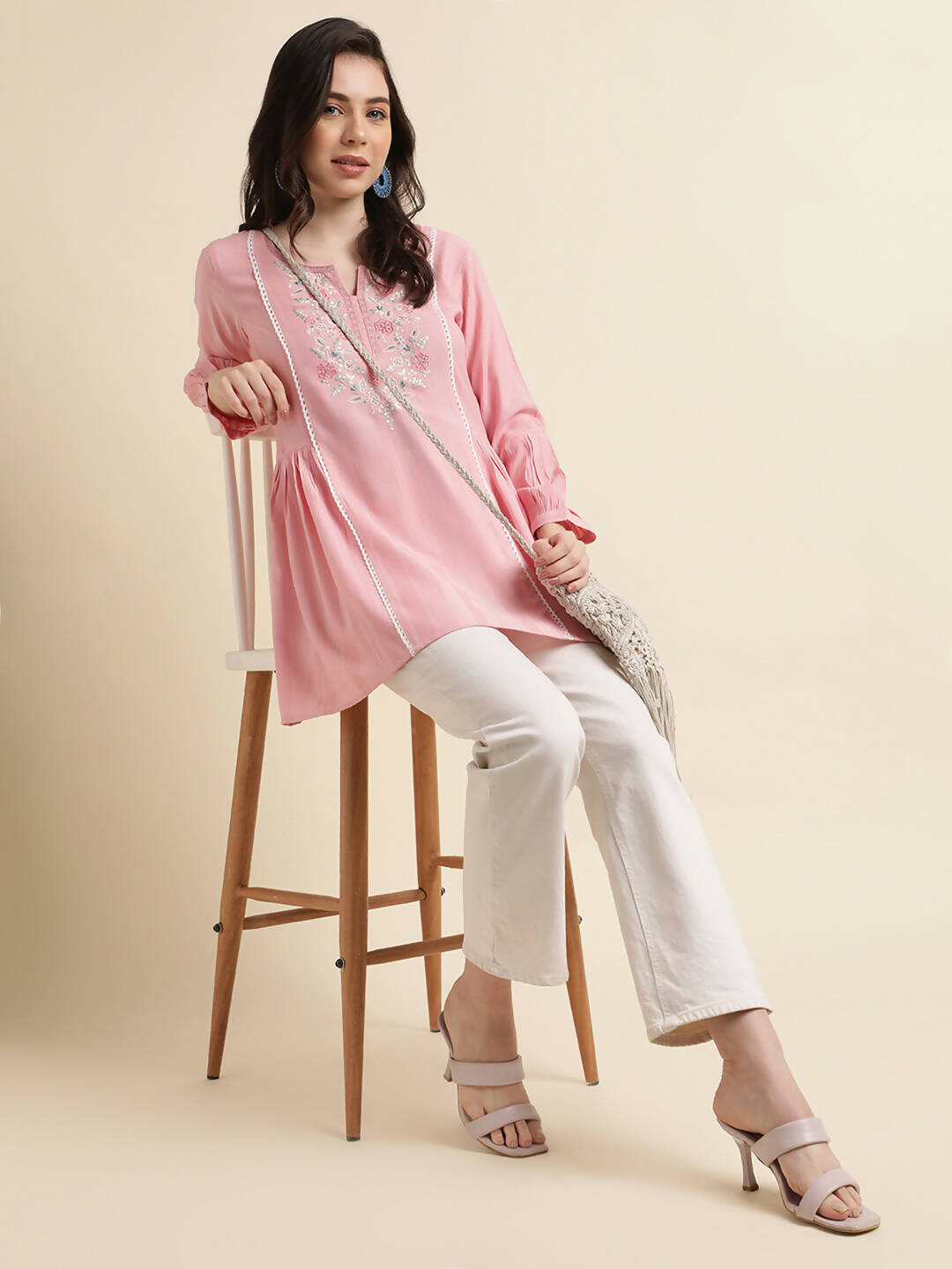Pink Viscose Rayon Yoke Embroidered A-line Top - Tarini | Grocsy