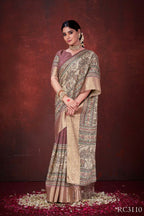 Pink Poly Habotai Silk Foil Print Saree with Unstitched Blouse - Kathari | Grocsy