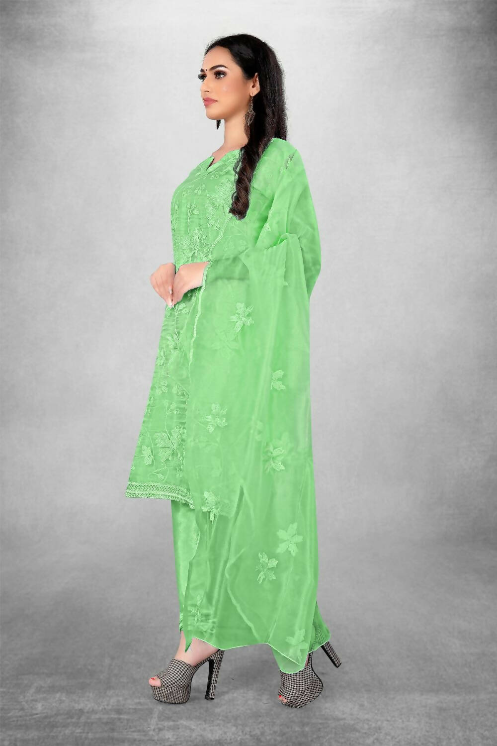 Green Heavy Organza Silk Embroidered Unstitched Dress Material - Amara | Grocsy