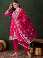 Sangria Pink Floral Embroidered Thread Work Pure Cotton Kurta & Trousers & Dupatta | Grocsy