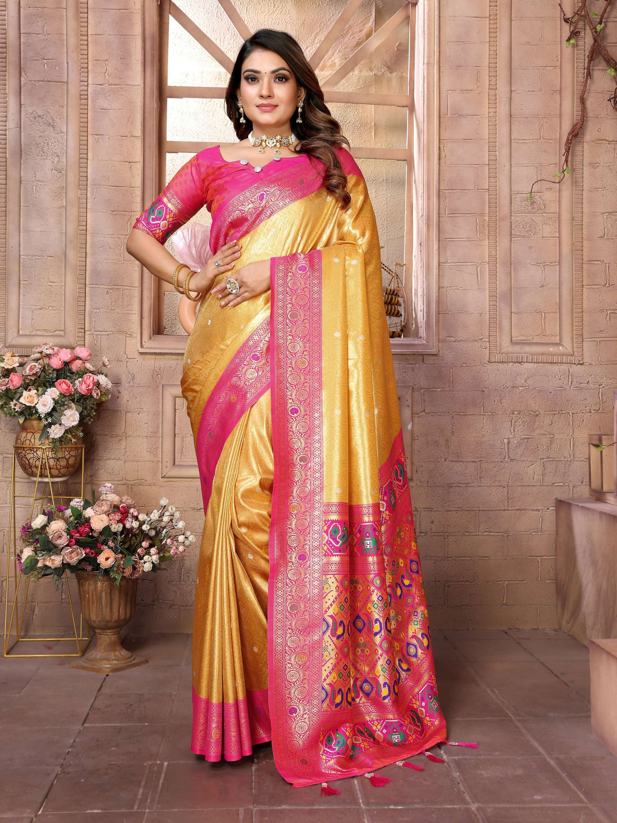 Aastha Fashion Yellow Banarasi Tissue Silk Weaving Saree | Grocsy