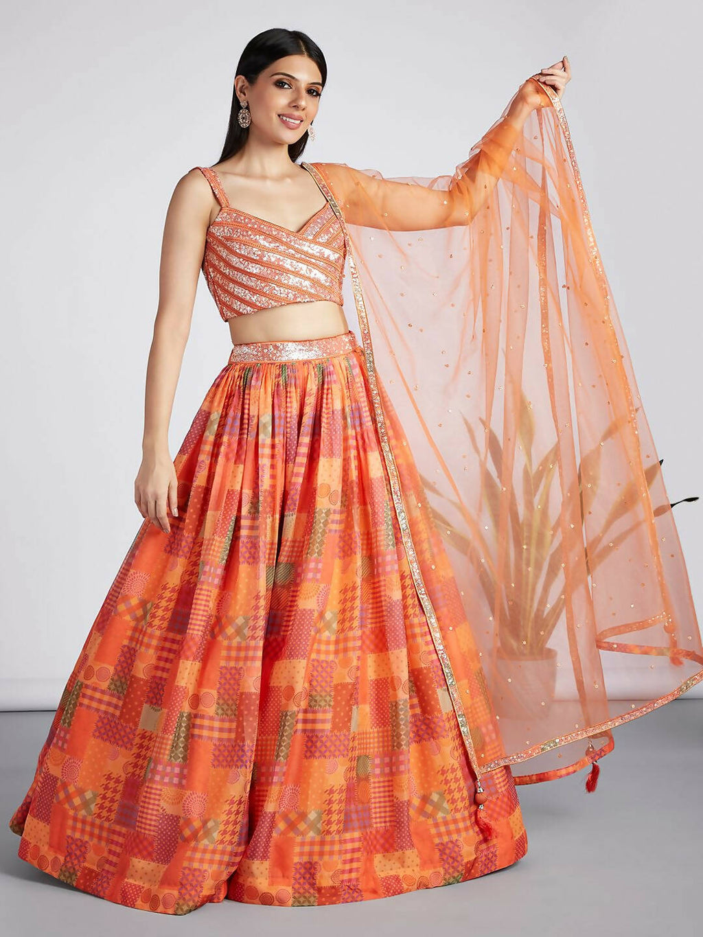 House of Panchhi Orange colour Organza Treditional design digital print Semi-Stitched Lehenga choli & Dupatta | Grocsy