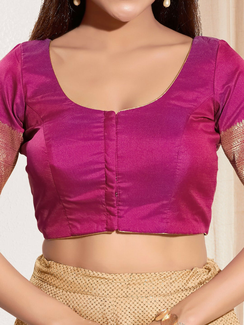 Joban Fashion Purple Taffeta Silk Padded Blouse With Round Neck Elbow Sleeves | Grocsy