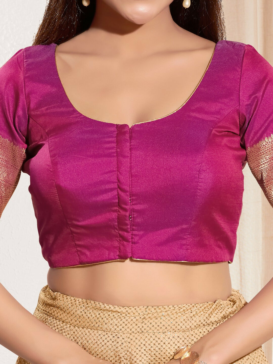 Joban Fashion Purple Taffeta Silk Padded Blouse With Round Neck Elbow Sleeves | Grocsy