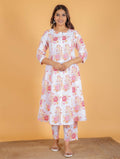 Aramya White Kantha Cotton Floral Print A-line Kurta Pant Set for Women | Grocsy