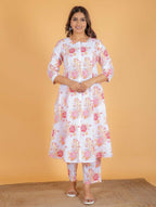 Aramya White Kantha Cotton Floral Print A-line Kurta Pant Set for Women | Grocsy