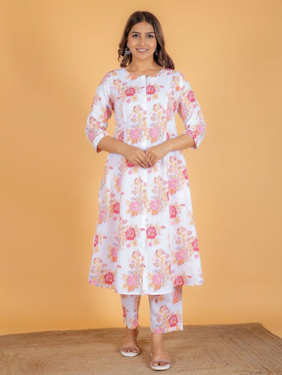 Aramya White Kantha Cotton Floral Print A-line Kurta Pant Set for Women | Grocsy