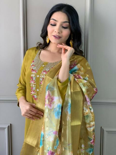 The52 Mustard Gorgeous Embroidered Viscose Chanderi Fabric Straight Kurta Pant with Dupatta Set | Grocsy