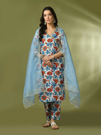 Myshka Women's Multi Printed Cotton Straight Party Kurta Set With Dupatta | Grocsy