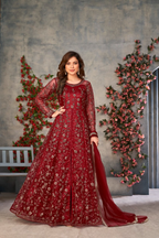 Anaita Maroon Embroidered Net Stitched Anarkali suit | Grocsy