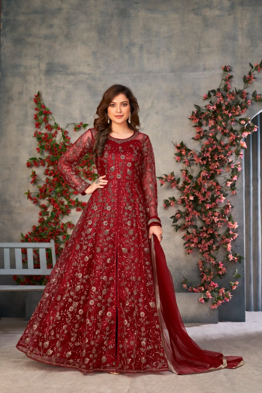 Anaita Maroon Embroidered Net Stitched Anarkali suit | Grocsy