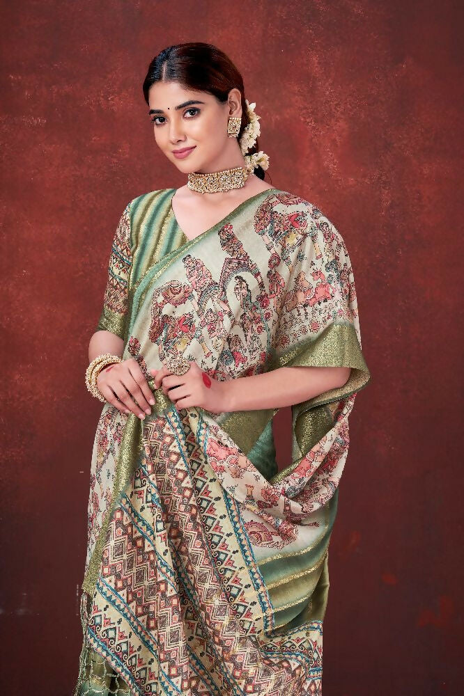 Green Poly Habotai Silk Foil Print Saree with Unstitched Blouse - Kathari | Grocsy