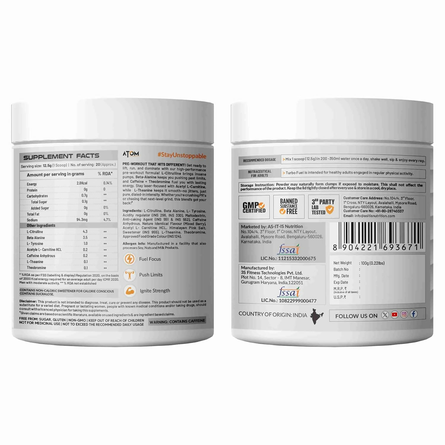 As-It-Is Atom Turbo Fuel Pre-Workout Formula Berry Blast Flavour | Grocsy