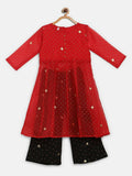 Ahalyaa Red Organza Kids Kurta Palazzo Set For Girls | Grocsy